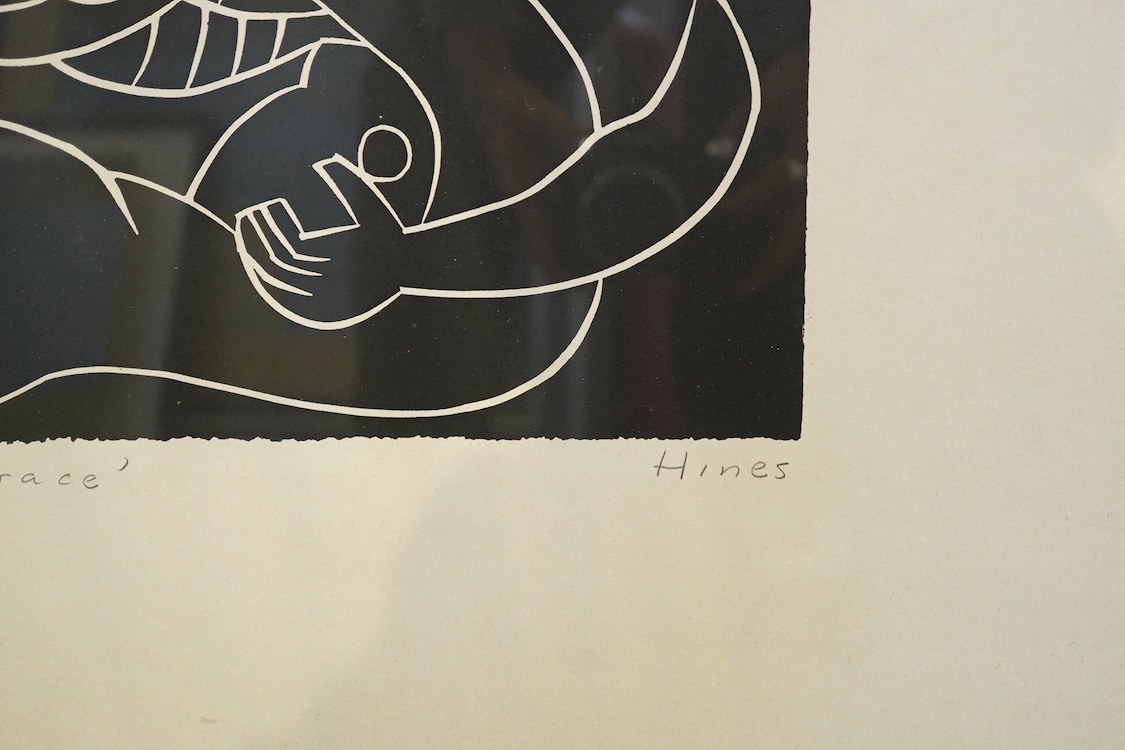 Jonathan Hines (20th. C), ‘An Embrace’, signed in pencil, limited edition 6/10, woodcut, 57 x 83cm